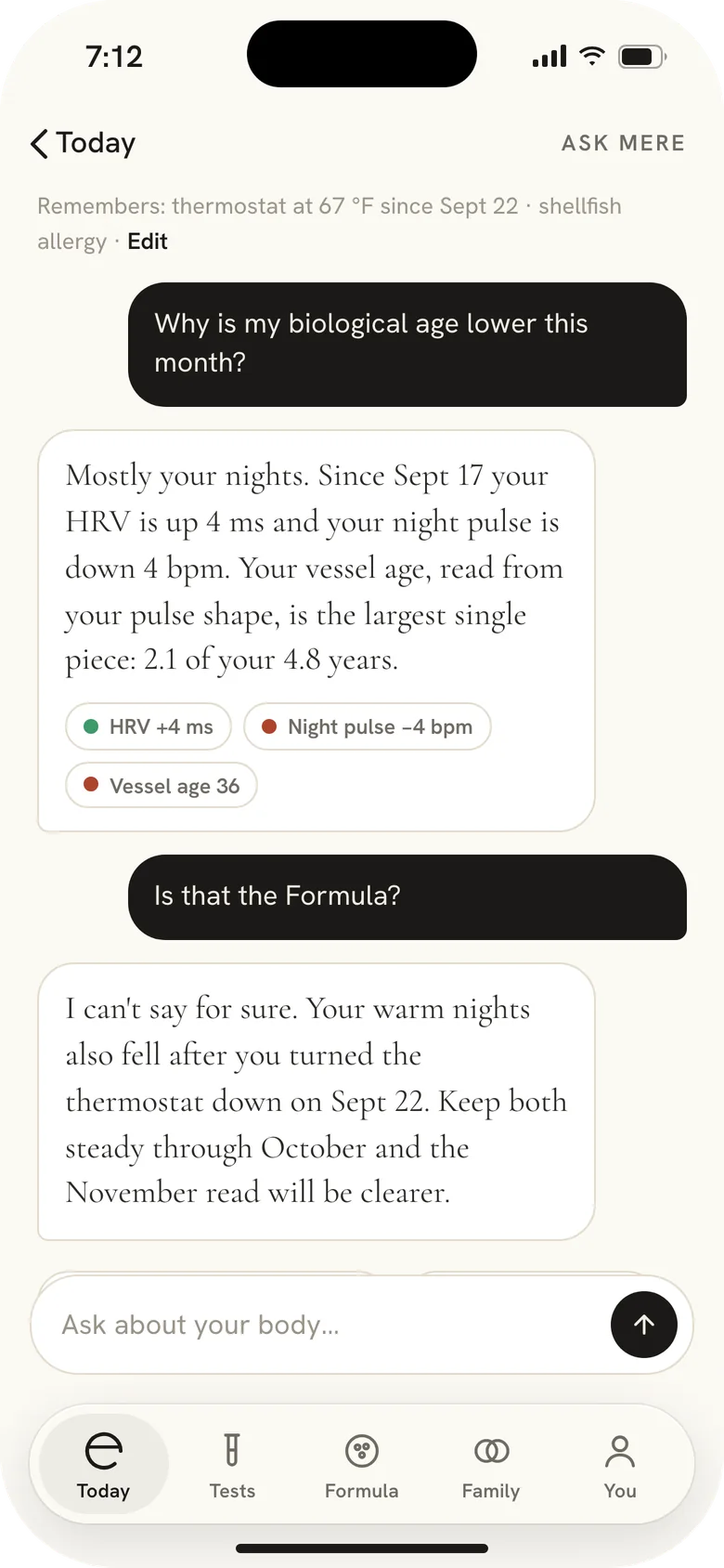Mere app, Ask Mere: an answer drawn from your own numbers.