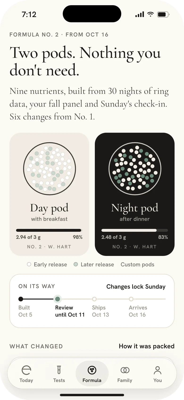 Mere app, Formula No. 2: a Day pod and a Night pod, nine nutrients built from 30 nights of ring data.