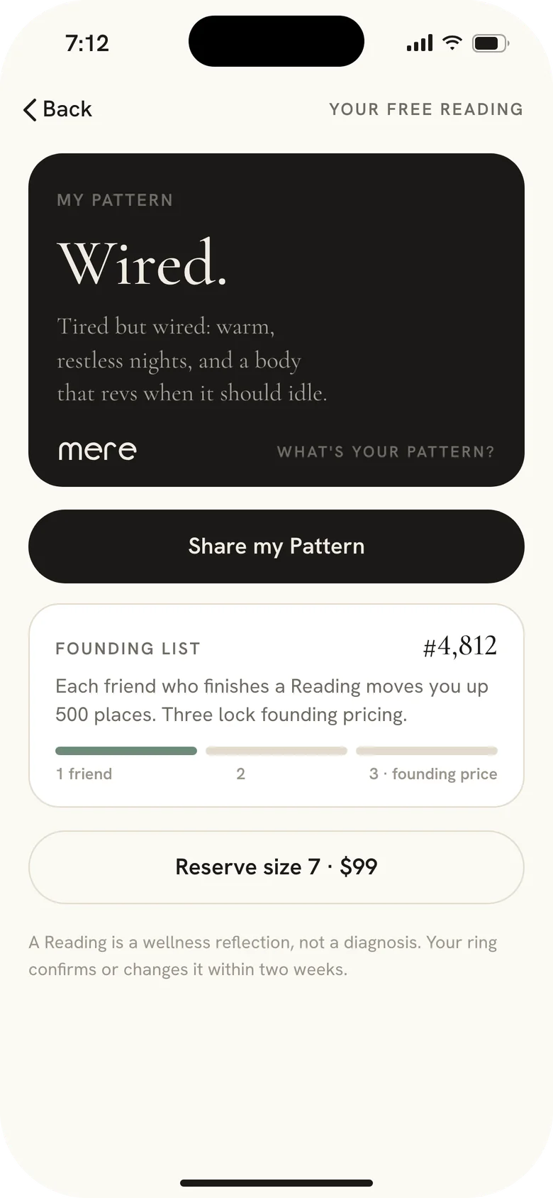 Mere app, Free Reading result: your Pattern is Wired, with your place on the founding list.