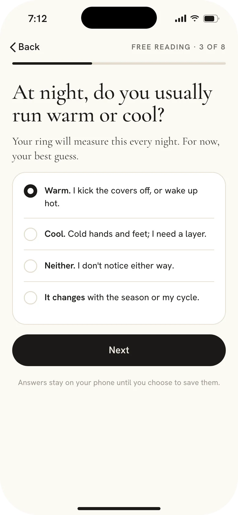 Mere app, Free Reading: at night, do you usually run warm or cool?.