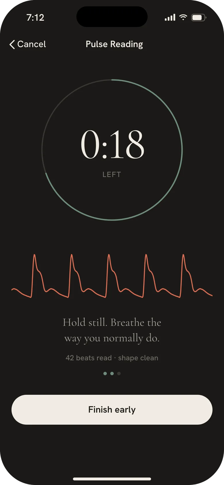 Mere app, Pulse Reading: a 60-second seated reading with 18 seconds left and the live pulse waveform.