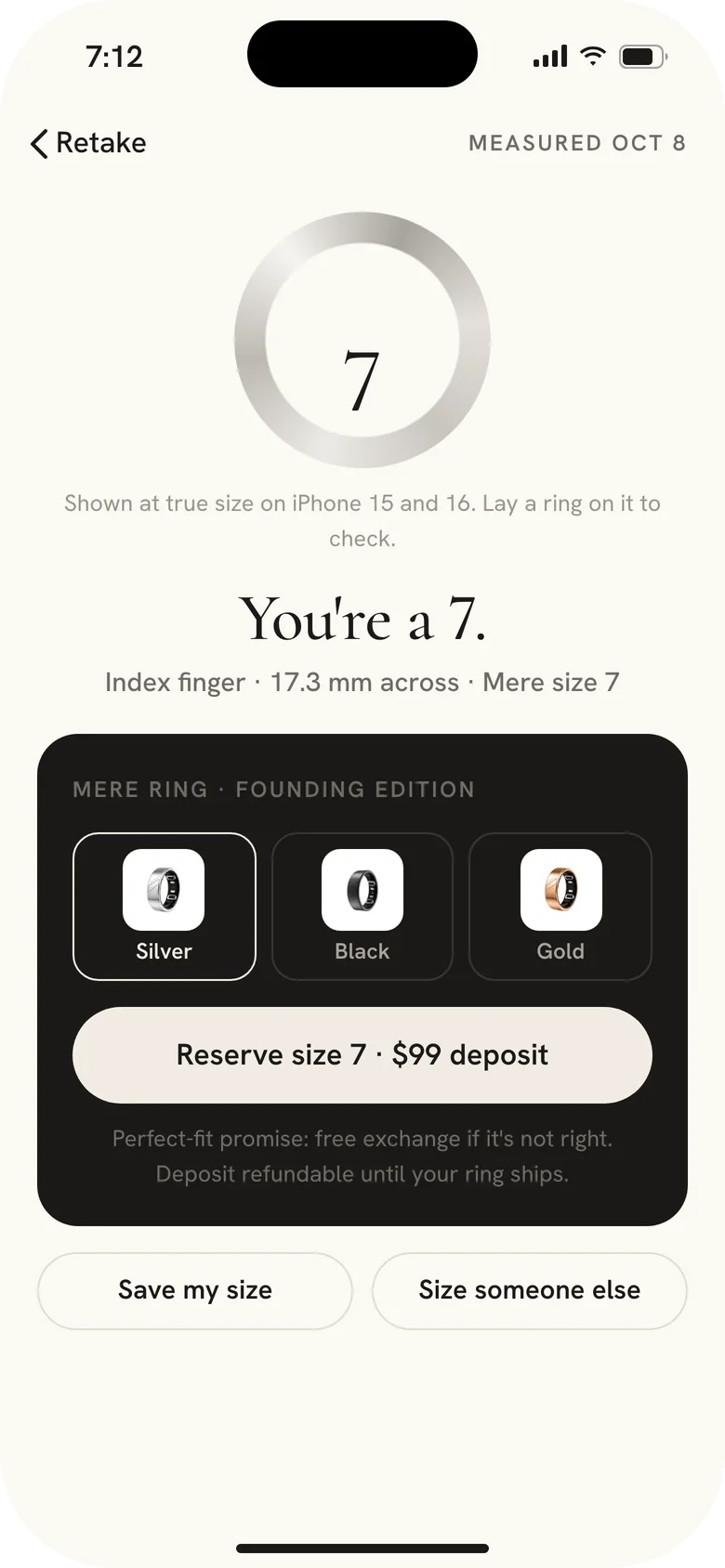 Mere app, Ring sizer result: size 7, drawn at true size, ready to reserve.