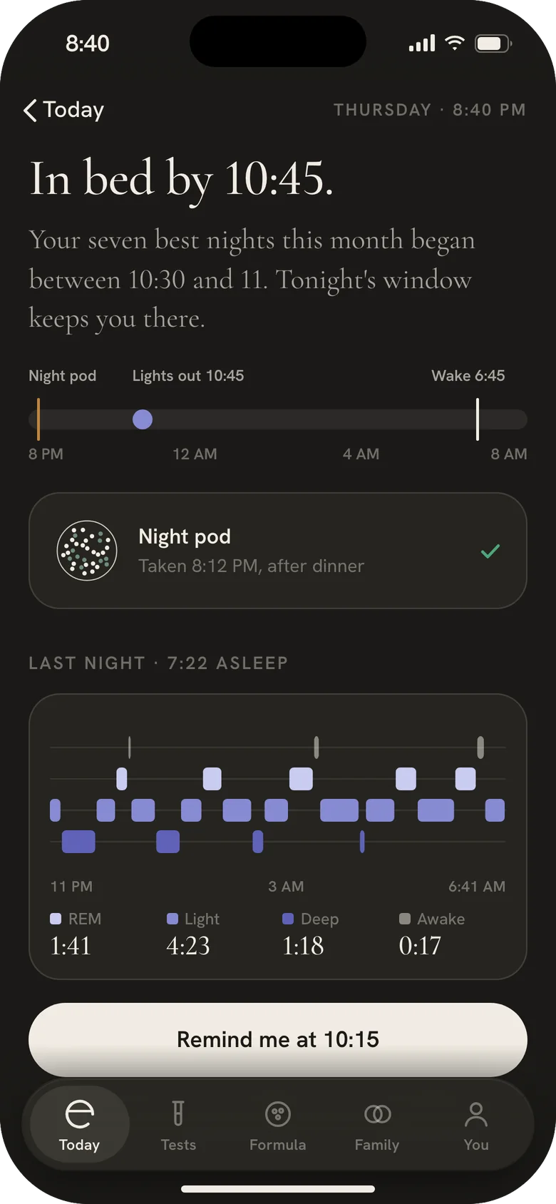 Mere app, Tonight: in bed by 10:45, with the Night pod and last night’s sleep stages.